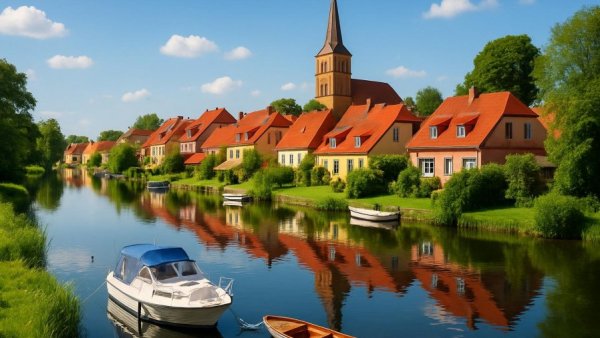 Scenic view of schönste Kleinstädte in Mecklenburg-Vorpommern with a tranquil river.