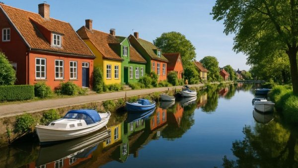 Charming riverside town in Mecklenburg-Vorpommern on a sunny day.