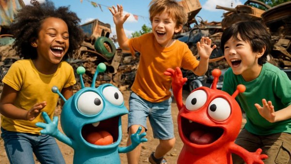 Olchi-Erlebniswelt Hamburg: Kids and animated aliens in junkyard play