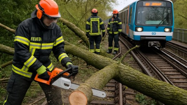 Einsatz auf Hamburger U1-Strecke: Feuerwehr zersägt umgefallenen Baum