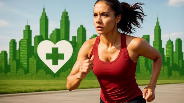 Air quality while running: Woman jogging with green city skyline background.