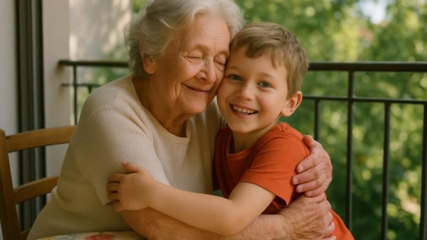 Support for families in need; an elderly woman hugs a young boy on a balcony.