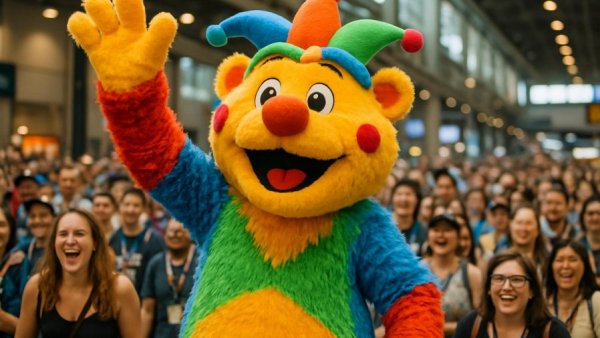 Lively mascot and crowd at Ticketshop Spiel Essen 2026 event