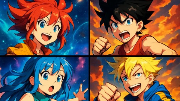 Dragon Ball Spielzeug: Animated collage with colorful characters.