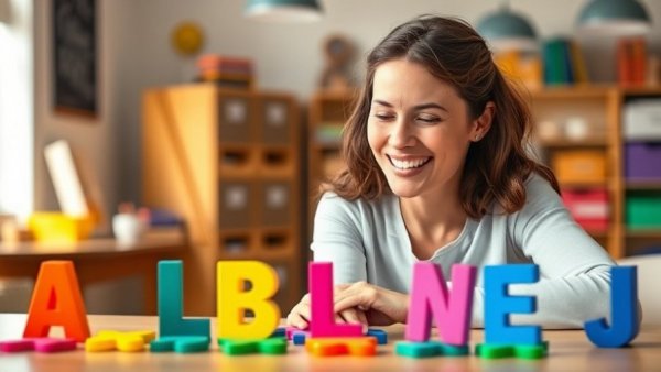 Playful Letter Activity with woman arranging colorful letters.