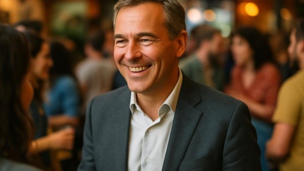 Smiling man engaging in conversation at an indoor gathering