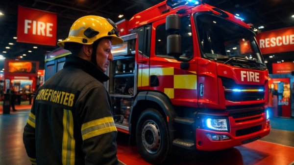 Firefighter examines truck at Feuerwehrmesse Interschutz Hannover.