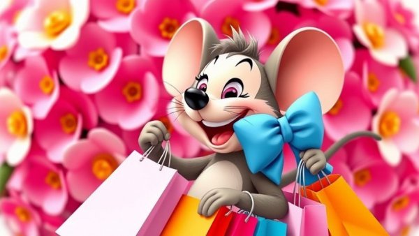 Kultmaus Diddl smiling with shopping bags in floral setting