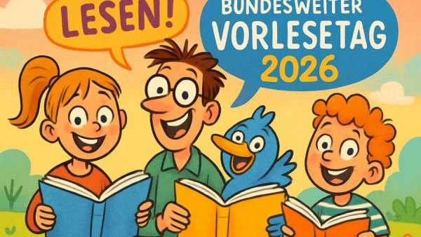 Bundesweiter Vorlesetag 2026 poster with cartoon characters and event info.
