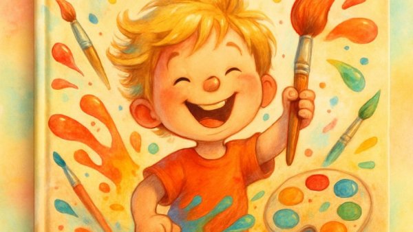 Bilderbücher für emotionale Entwicklung book cover showing a joyful child painting.