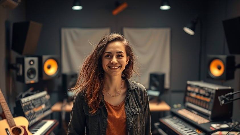 Kreative Person in einem modernen Studio mit Musiksoftware und Instrumenten für Musikproduktion.