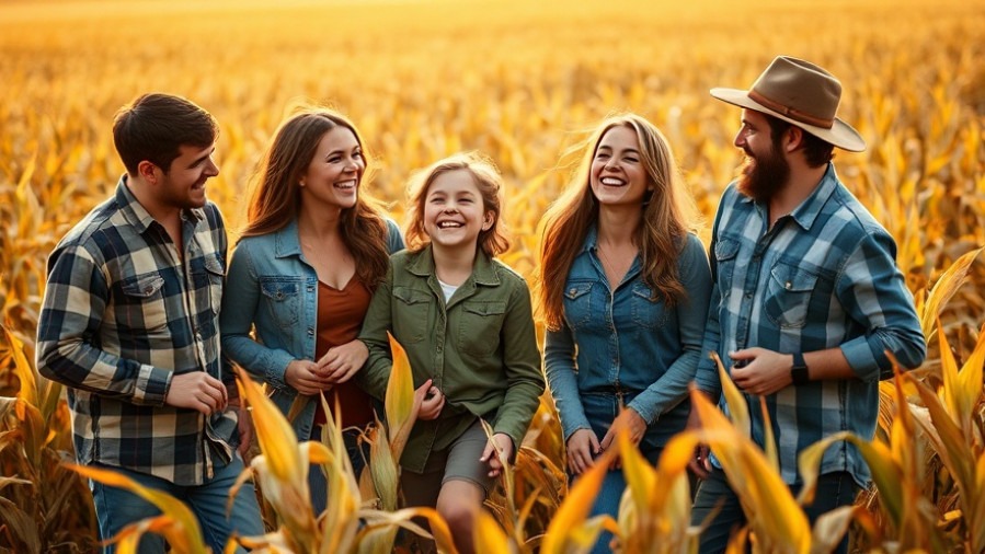 Joyful family harvesting corn, celebrating Nachhaltigkeit in agriculture.