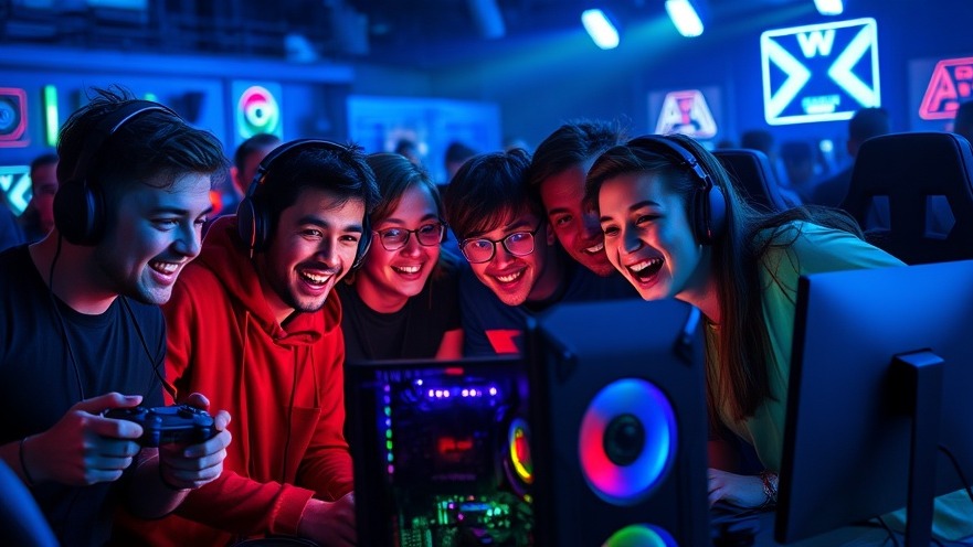 Excited gamers enjoy online security with the innovative HMX 5 Gaming-PC, surrounded by vibrant gaming gear.