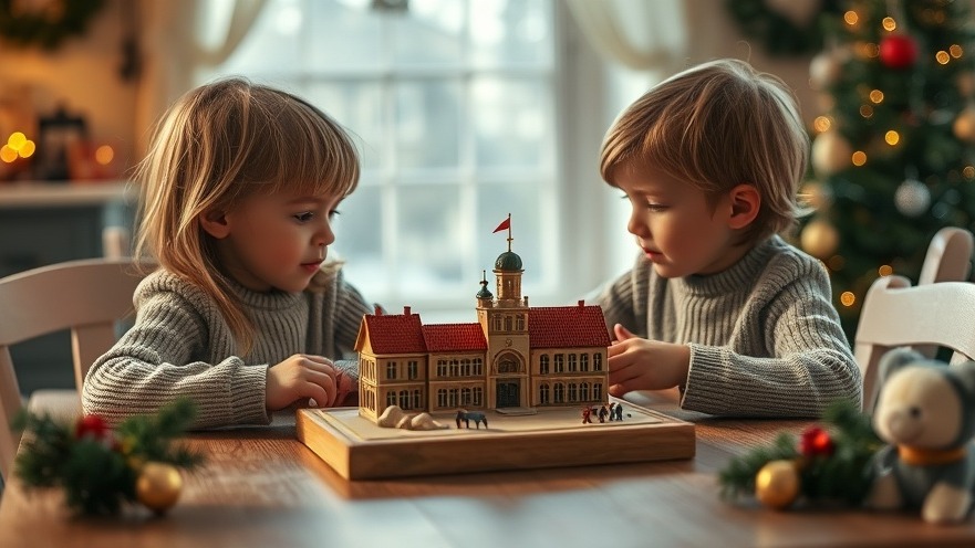 Zwei Kinder spielen ein Gesellschaftsspiel mit Sandburgmodell, pädagogisch wertvolles Spielzeug.