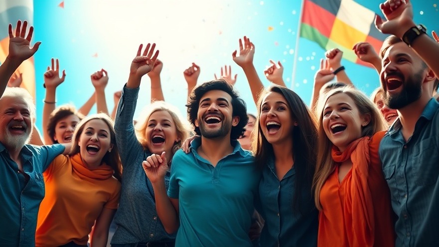 Diverse German gamers celebrating victory with a gaming PC in vibrant colors