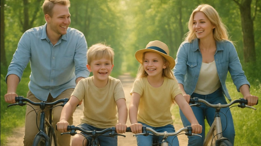 Familienfreundliche Fahrradtouren auf Radwegen in Schleswig-Holstein mit glücklicher nordischer Familie.