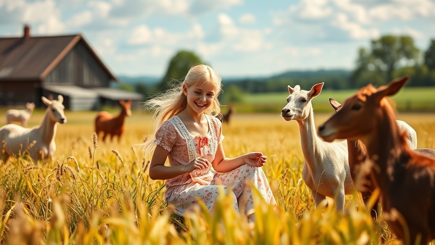 Inspiration: Ein blondes Mädchen träumt auf dem Bauernhof, umgeben von Tieren und grünen Feldern.