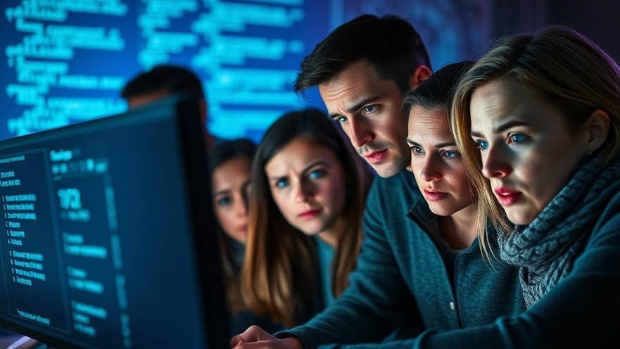 Concerned individuals around a computer, highlighting digitale Sicherheit against cyberangriffe.