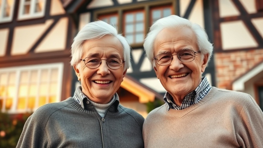 Elderly couple smiles proudly before a charming half-timbered house, celebrating kulturelles Erbe.