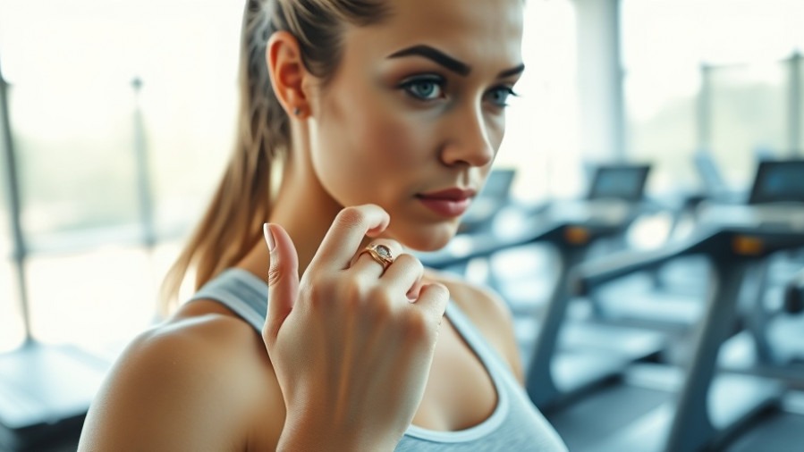 Confident woman checks her tragbarer Fitness Tracker in a bright gym, showcasing health monitoring.