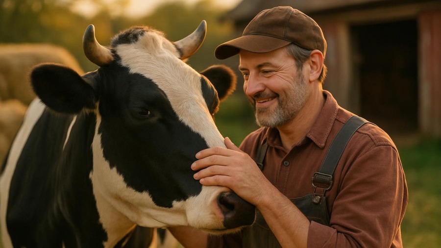 Smiling farmer petting a black and white cow in a warm farm setting, symbolizing Milchviehhaltung.