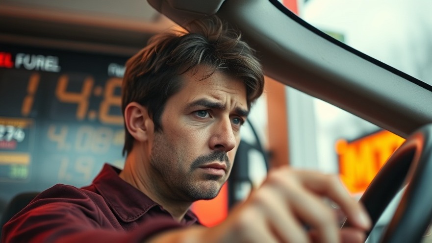 Distressed driver at gas station, concerned about Ölpreise Deutschland and Benzinpreise.