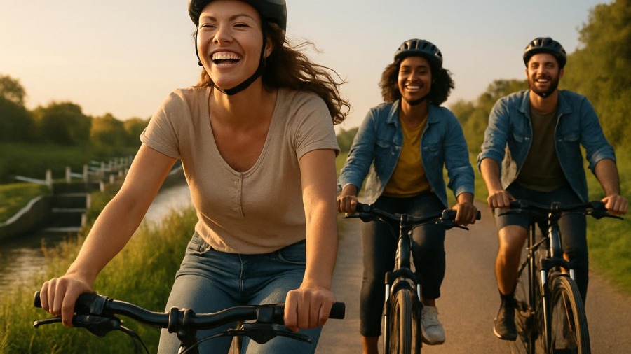 Joyful cyclists enjoying familienfreundliche Radwege in Brunsbüttel's scenic Schleusenroute.
