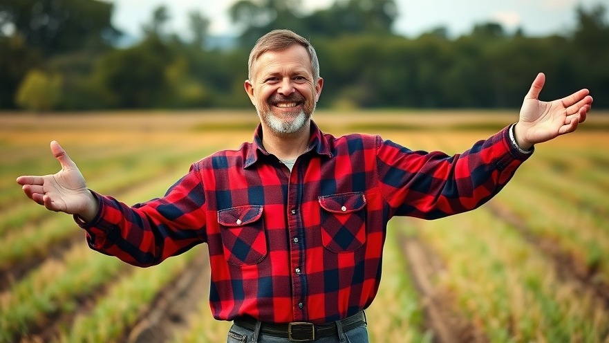 Smiling farmer in red flannel shirt promotes Familienleben and gesunde Ernährung in nature.