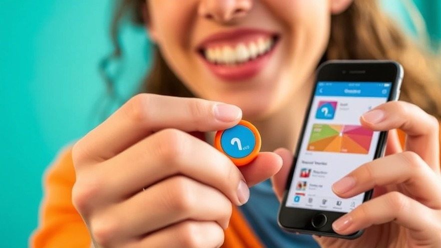 Joyful user holding a Chipolo Pop Bluetooth Tracker against a vibrant app interface.