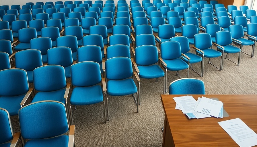 Empty conference room with blue chairs and documents, symbolizing Digitale Souveränität und Chatkontrolle.