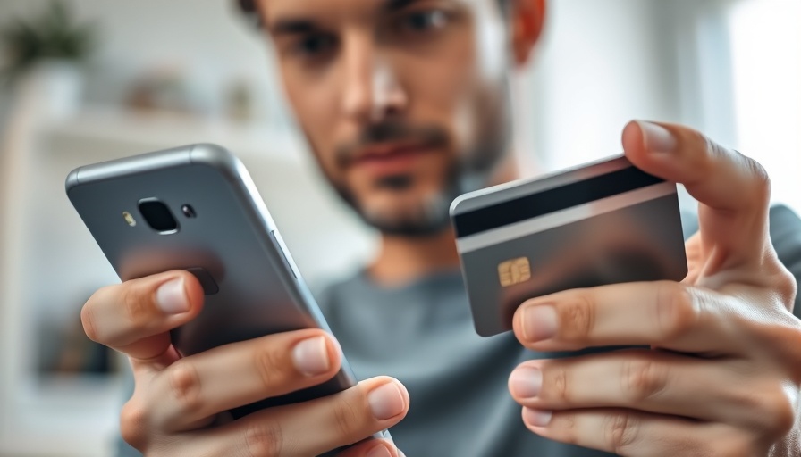 Man using smartphone and credit card, Familienpasswort gegen Telefonbetrug.