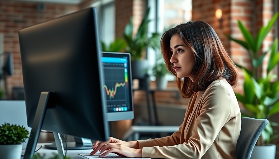 Cyberangriffe auf KMUs: Businesswoman at dual monitors in modern office.