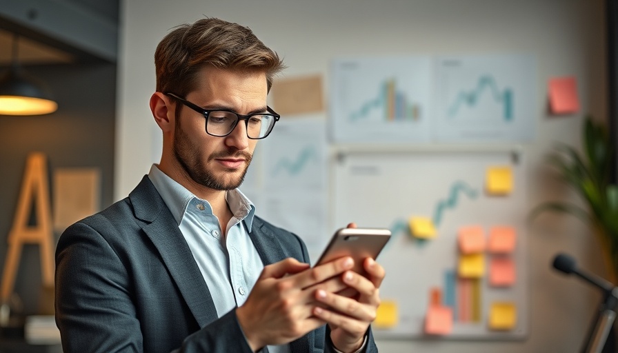 Professionelle Mailboxansage: Man focused on smartphone in office.