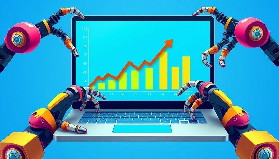 Illustration of digital marketing with robotic arms and laptop, Native Advertising und Journalismus.