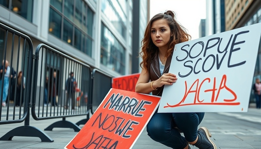 Determined woman arranging protest signs in urban setting, linked to Projekte für Internetfreiheit.