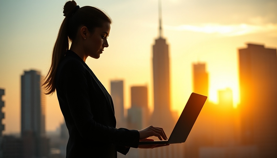 Silhouetted woman working on laptop with cityscape, addressing gender pay gap in IT.