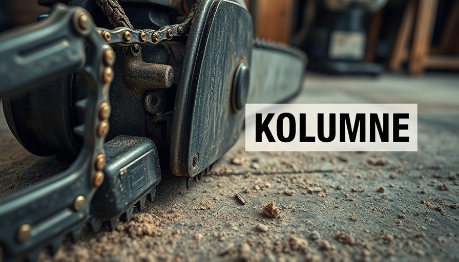 Chainsaw on dusty floor with 'KOLUMNE' text, Digitalisierung Effizienz Effektivität.