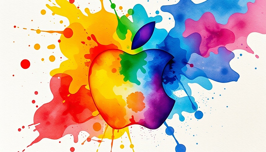 Artistic Apple logo in colorful watercolor splash, textured background.