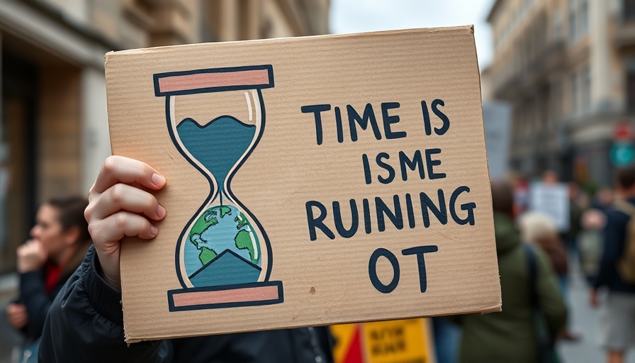 Cardboard protest sign illustrating time running out for Earth.