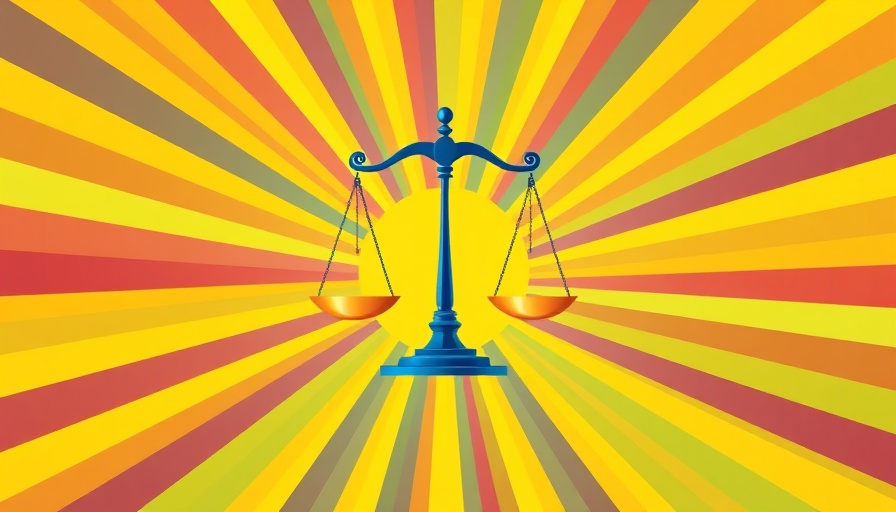 Colorful justice symbol on radial backdrop, Protecting Privacy and Civil Rights.