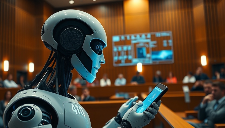 Futuristic AI assessing courtroom video data, Künstliche Intelligenz im Gutachterwesen.