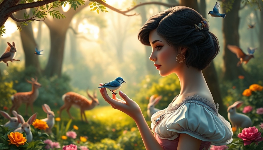 Elegant princess in enchanted forest with animals, Schneewittchen theme.