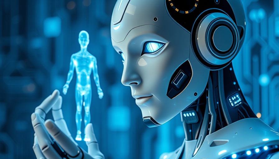 Futuristic humanoid robot interacting with hologram
