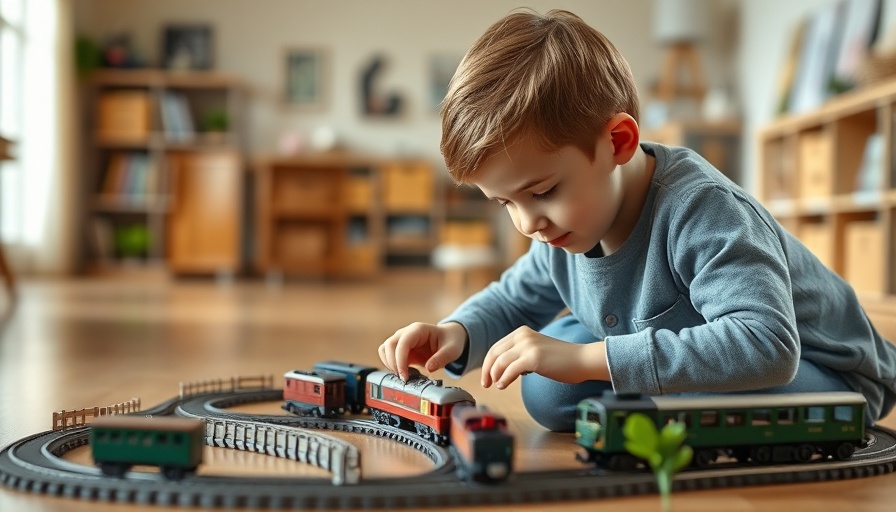 Child playing with model trains on wooden floor indoors.