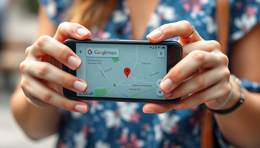 Detail of a smartphone showing Google Maps on a blue floral dress background.