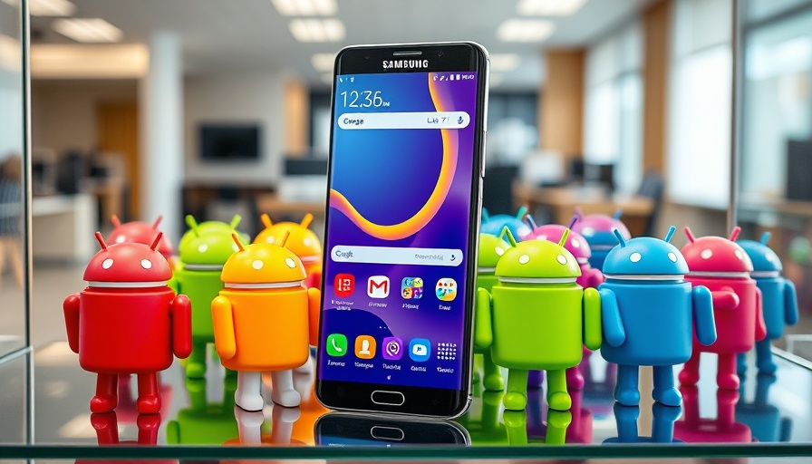 Samsung One UI 7.0 Update showcased on smartphone with Android figurines.