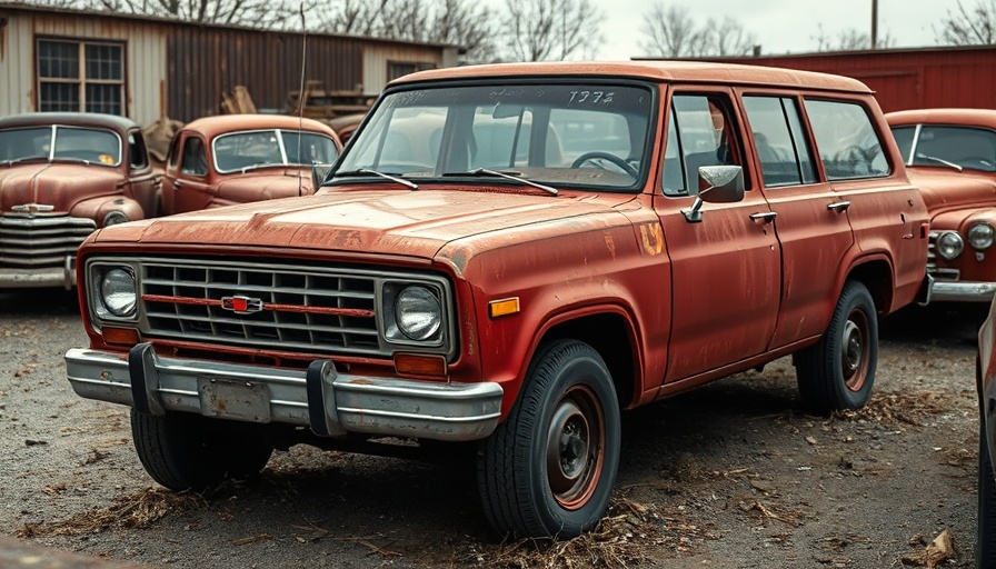 Recycling-Kartell Autohersteller: Old red SUV in junkyard setting