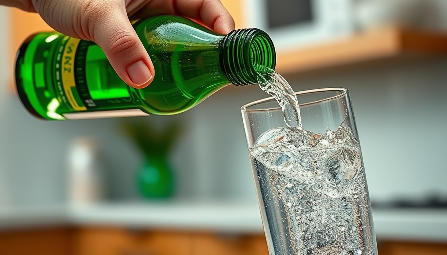 Pouring mineral water from a green bottle into a glass on a counter.