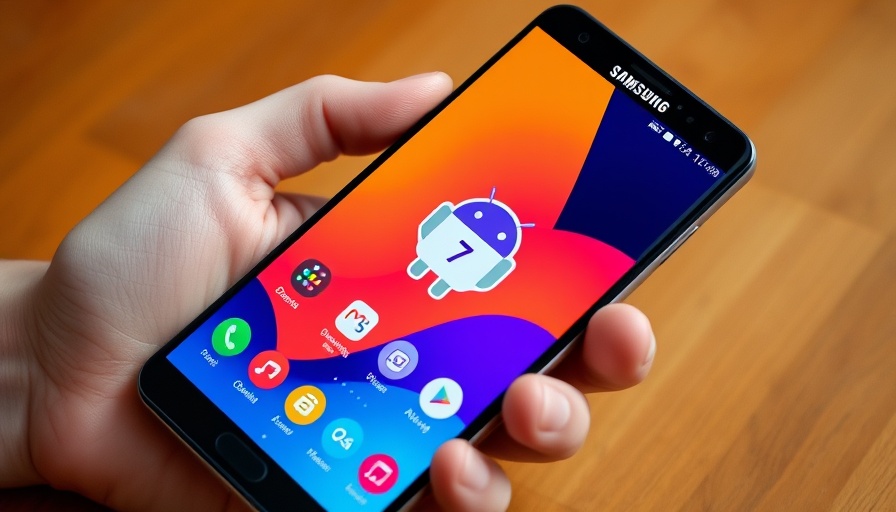 Samsung phone with One UI 7 and Android 15 logos.
