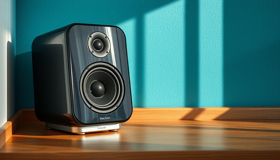 Modern speaker on wood against teal wall, Aktiv oder Passiv Lautsprecher.